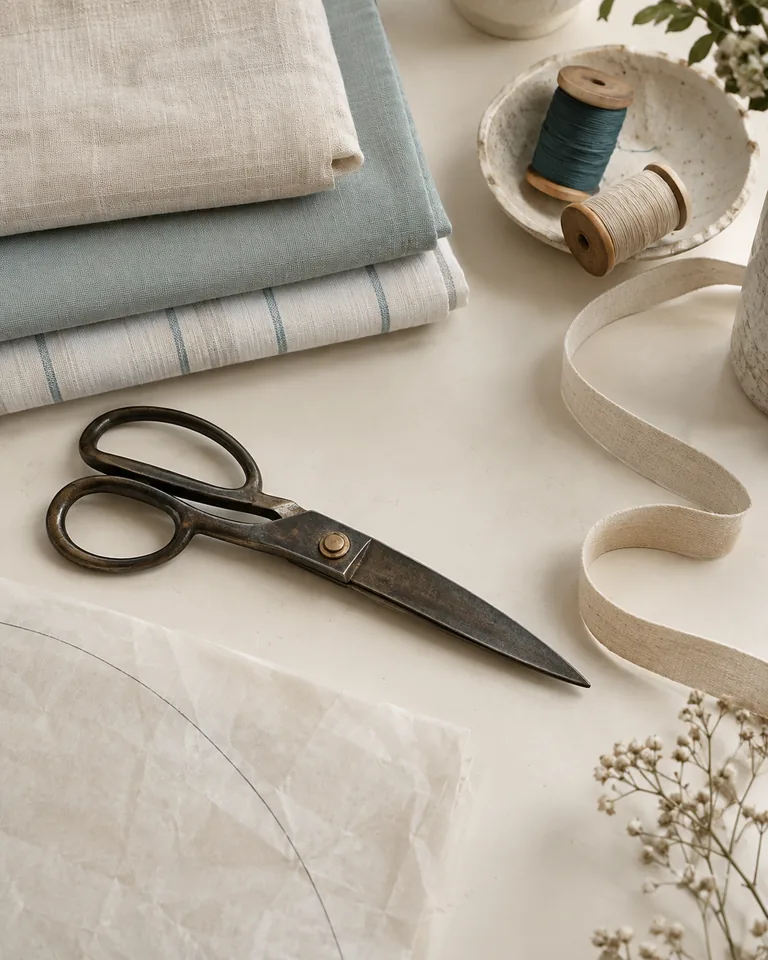 Folded linen, cotton spools and closed tailor’s shears on a calm sewing table.